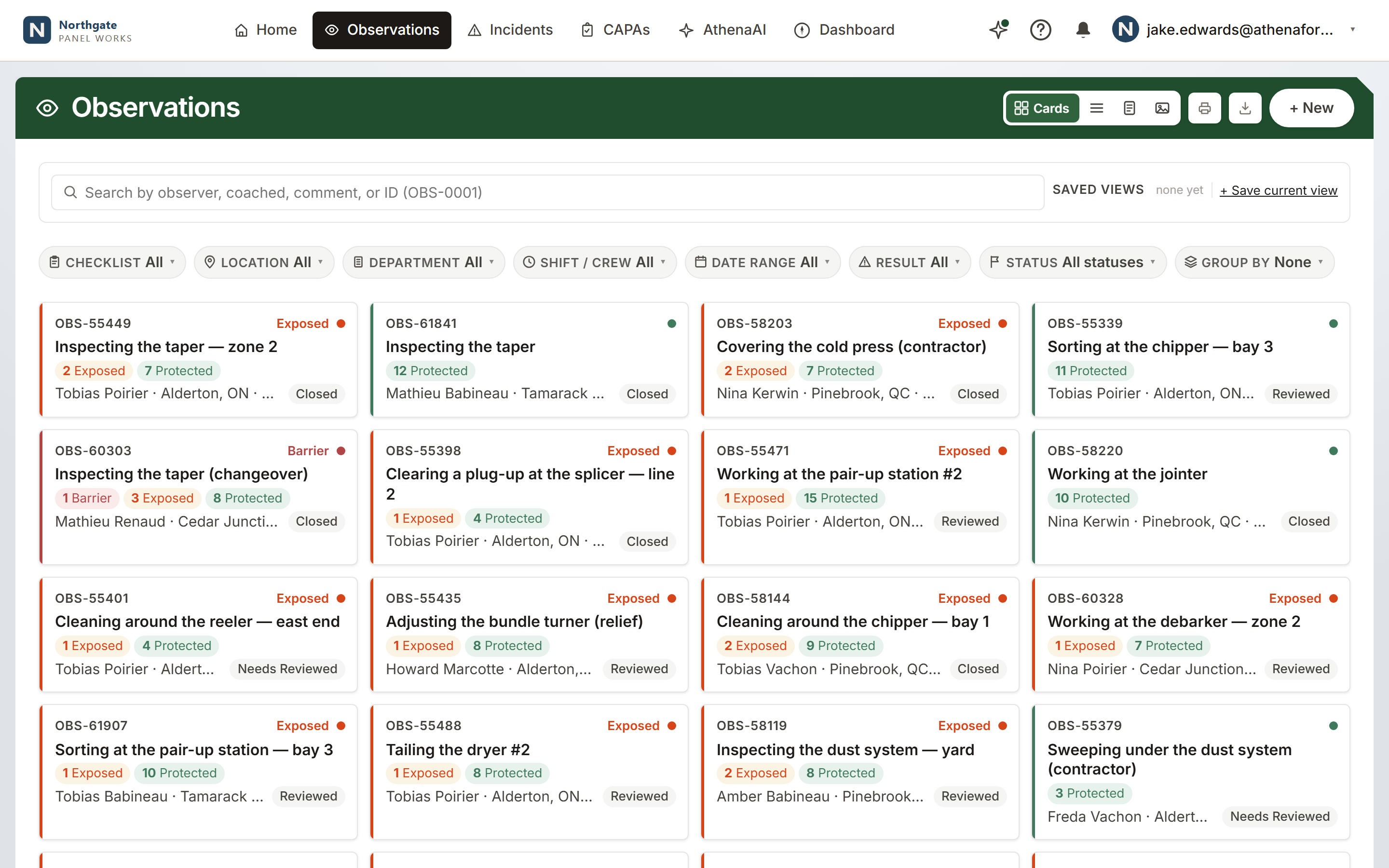 Observations in card view with exposed and protected counts
